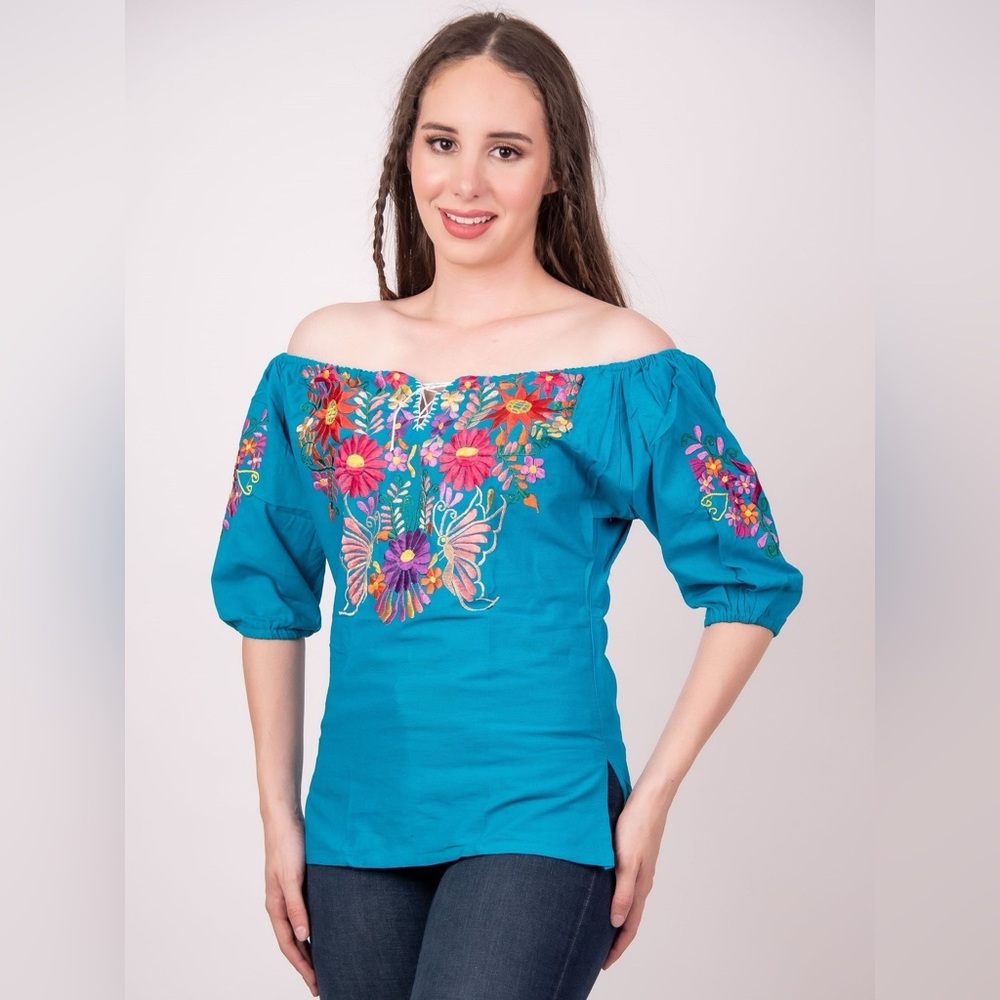 Tecali Embroidered Teal Top